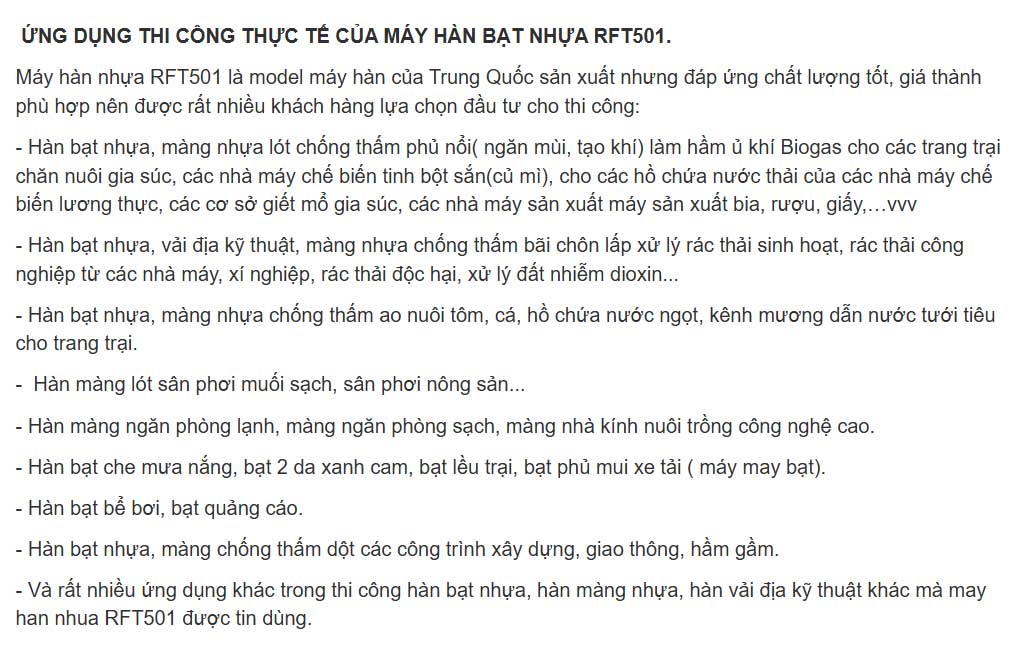 Ứng dụng máy hàn bạt nhựa RFT501